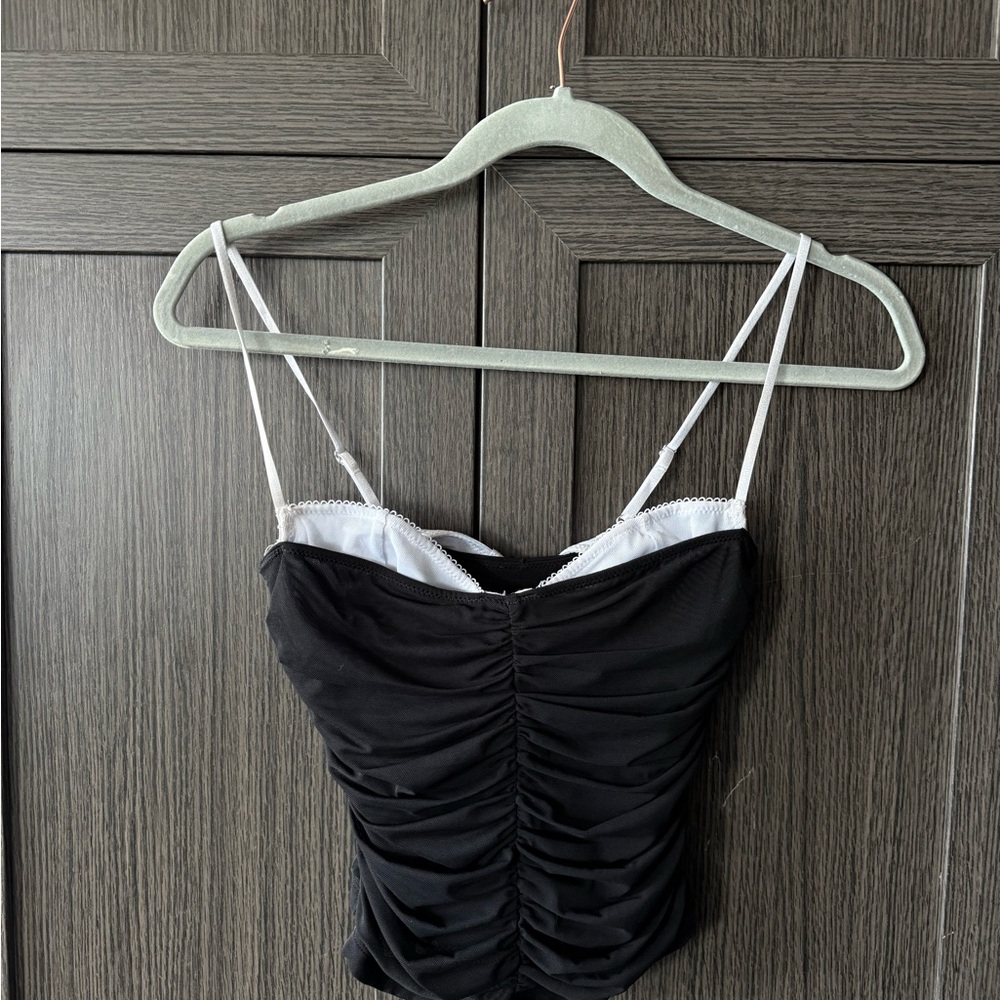 Black Ruched Cami Tank with White Lace Trim